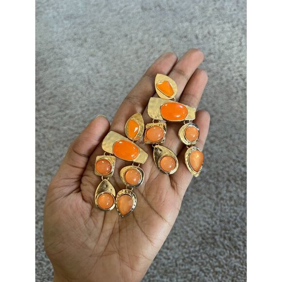 Chunky Orange earrings , large gold chandelier earrings  , vintage style , long - Picture 7 of 8